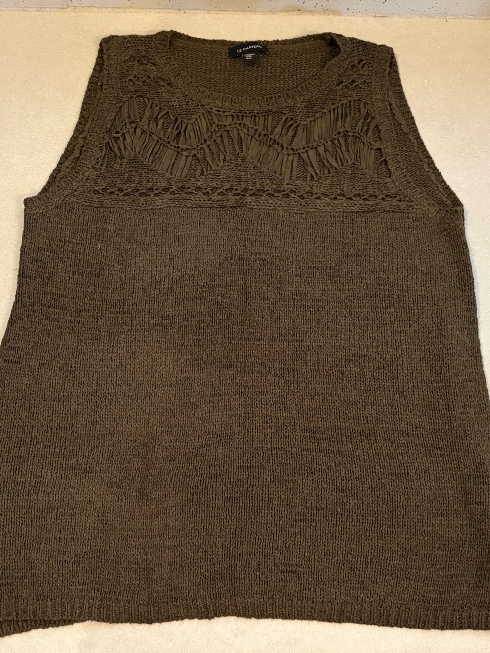 le chateau Olive Brown Sleeveless Knit Top with Openwork Yoke